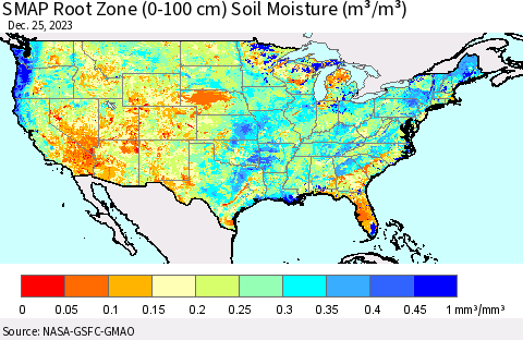 United States SMAP Root Zone (0-100 cm) Soil Moisture (m³/m³) Thematic Map For 12/21/2023 - 12/25/2023