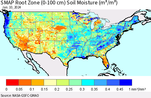 United States SMAP Root Zone (0-100 cm) Soil Moisture (m³/m³) Thematic Map For 1/6/2024 - 1/10/2024