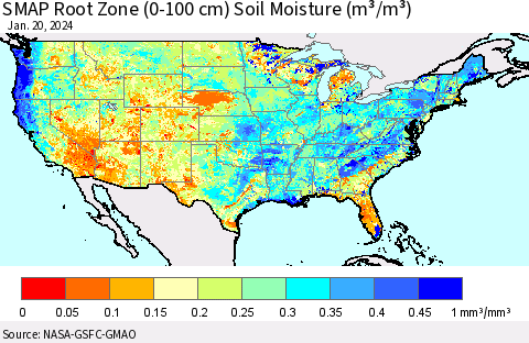 United States SMAP Root Zone (0-100 cm) Soil Moisture (m³/m³) Thematic Map For 1/16/2024 - 1/20/2024