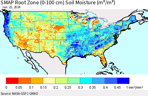 United States SMAP Root Zone (0-100 cm) Soil Moisture (m³/m³) Thematic Map For 1/21/2024 - 1/25/2024