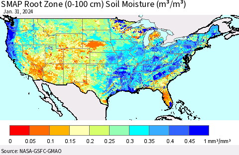 United States SMAP Root Zone (0-100 cm) Soil Moisture (m³/m³) Thematic Map For 1/26/2024 - 1/31/2024