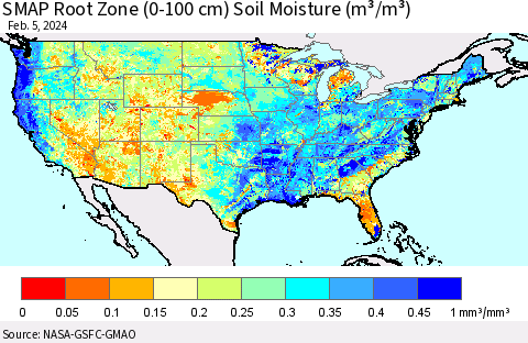 United States SMAP Root Zone (0-100 cm) Soil Moisture (m³/m³) Thematic Map For 2/1/2024 - 2/5/2024