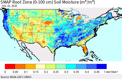 United States SMAP Root Zone (0-100 cm) Soil Moisture (m³/m³) Thematic Map For 2/6/2024 - 2/10/2024