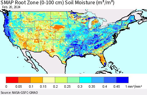 United States SMAP Root Zone (0-100 cm) Soil Moisture (m³/m³) Thematic Map For 2/16/2024 - 2/20/2024