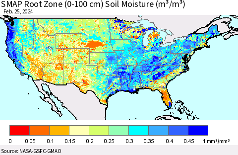 United States SMAP Root Zone (0-100 cm) Soil Moisture (m³/m³) Thematic Map For 2/21/2024 - 2/25/2024