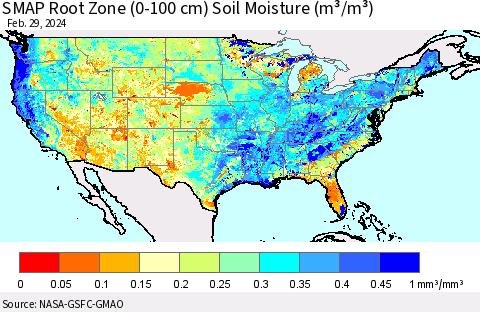 United States SMAP Root Zone (0-100 cm) Soil Moisture (m³/m³) Thematic Map For 2/26/2024 - 2/29/2024