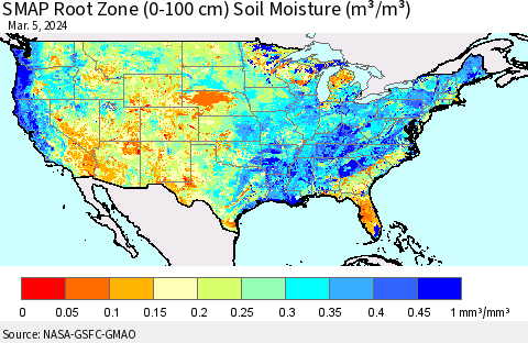United States SMAP Root Zone (0-100 cm) Soil Moisture (m³/m³) Thematic Map For 3/1/2024 - 3/5/2024