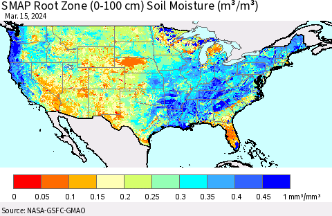 United States SMAP Root Zone (0-100 cm) Soil Moisture (m³/m³) Thematic Map For 3/11/2024 - 3/15/2024