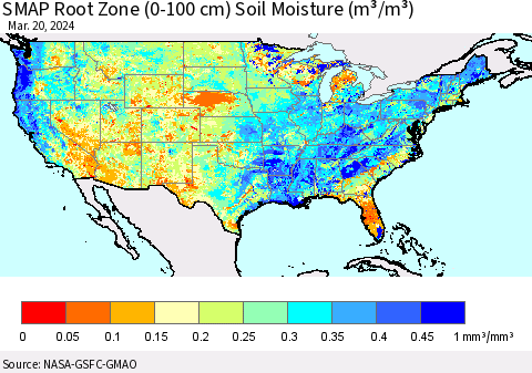 United States SMAP Root Zone (0-100 cm) Soil Moisture (m³/m³) Thematic Map For 3/16/2024 - 3/20/2024