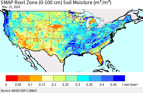 United States SMAP Root Zone (0-100 cm) Soil Moisture (m³/m³) Thematic Map For 3/21/2024 - 3/25/2024