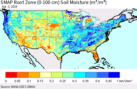 United States SMAP Root Zone (0-100 cm) Soil Moisture (m³/m³) Thematic Map For 4/1/2024 - 4/5/2024