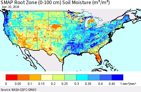 United States SMAP Root Zone (0-100 cm) Soil Moisture (m³/m³) Thematic Map For 4/6/2024 - 4/10/2024