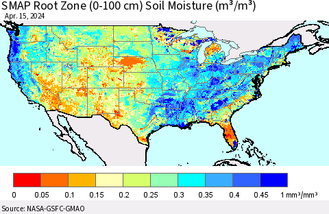 United States SMAP Root Zone (0-100 cm) Soil Moisture (m³/m³) Thematic Map For 4/11/2024 - 4/15/2024
