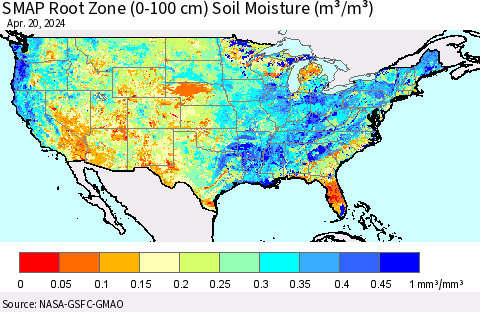 United States SMAP Root Zone (0-100 cm) Soil Moisture (m³/m³) Thematic Map For 4/16/2024 - 4/20/2024