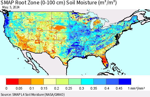 United States SMAP Root Zone (0-100 cm) Soil Moisture (m³/m³) Thematic Map For 5/1/2024 - 5/5/2024