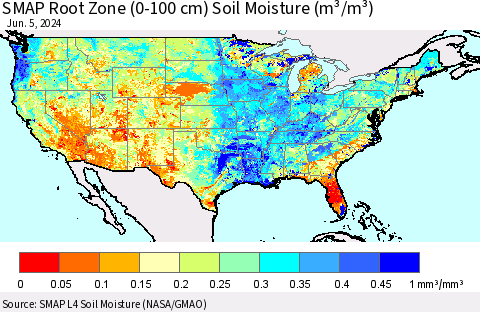 United States SMAP Root Zone (0-100 cm) Soil Moisture (m³/m³) Thematic Map For 6/1/2024 - 6/5/2024