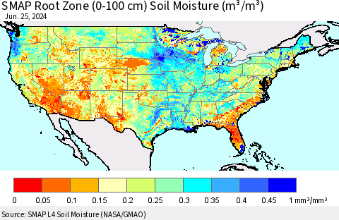 United States SMAP Root Zone (0-100 cm) Soil Moisture (m³/m³) Thematic Map For 6/21/2024 - 6/25/2024