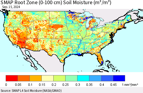 United States SMAP Root Zone (0-100 cm) Soil Moisture (m³/m³) Thematic Map For 9/11/2024 - 9/15/2024