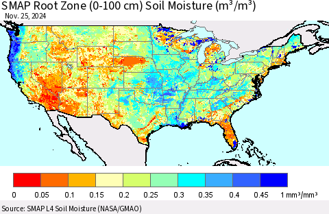 United States SMAP Root Zone (0-100 cm) Soil Moisture (m³/m³) Thematic Map For 11/21/2024 - 11/25/2024