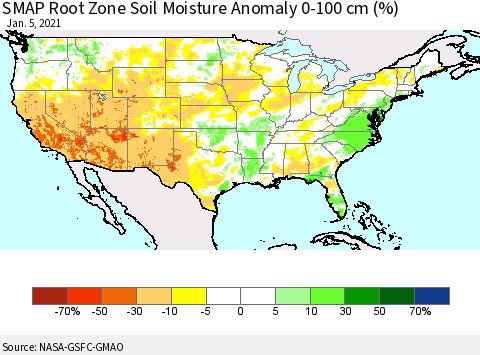 United States SMAP Root Zone (0-100 cm) Soil Moisture Anomaly (%) Thematic Map For 1/1/2021 - 1/5/2021