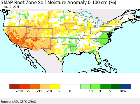 United States SMAP Root Zone (0-100 cm) Soil Moisture Anomaly (%) Thematic Map For 1/6/2021 - 1/10/2021