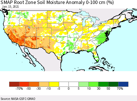 United States SMAP Root Zone (0-100 cm) Soil Moisture Anomaly (%) Thematic Map For 1/11/2021 - 1/15/2021