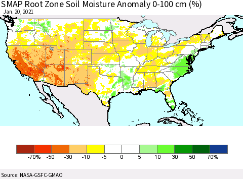 United States SMAP Root Zone (0-100 cm) Soil Moisture Anomaly (%) Thematic Map For 1/16/2021 - 1/20/2021