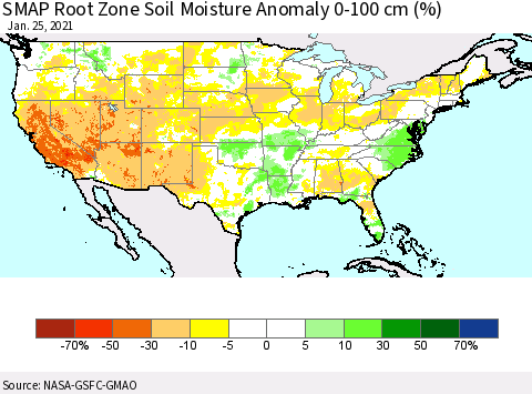 United States SMAP Root Zone (0-100 cm) Soil Moisture Anomaly (%) Thematic Map For 1/21/2021 - 1/25/2021