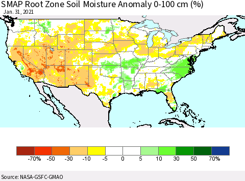 United States SMAP Root Zone (0-100 cm) Soil Moisture Anomaly (%) Thematic Map For 1/26/2021 - 1/31/2021