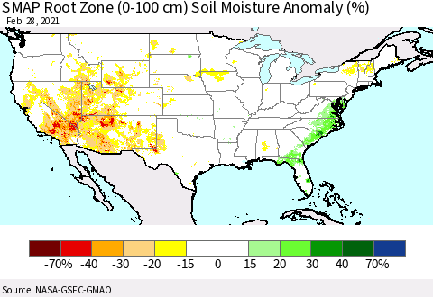 United States SMAP Root Zone (0-100 cm) Soil Moisture Anomaly (%) Thematic Map For 2/26/2021 - 2/28/2021