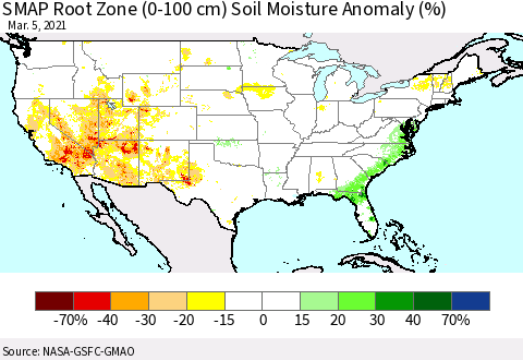 United States SMAP Root Zone (0-100 cm) Soil Moisture Anomaly (%) Thematic Map For 3/1/2021 - 3/5/2021
