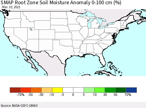 United States SMAP Root Zone (0-100 cm) Soil Moisture Anomaly (%) Thematic Map For 3/6/2021 - 3/10/2021