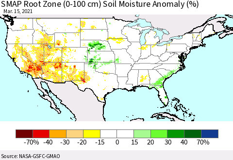 United States SMAP Root Zone (0-100 cm) Soil Moisture Anomaly (%) Thematic Map For 3/11/2021 - 3/15/2021