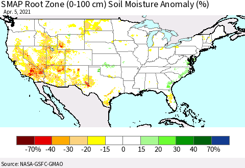 United States SMAP Root Zone (0-100 cm) Soil Moisture Anomaly (%) Thematic Map For 4/1/2021 - 4/5/2021