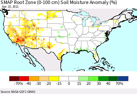 United States SMAP Root Zone (0-100 cm) Soil Moisture Anomaly (%) Thematic Map For 4/6/2021 - 4/10/2021