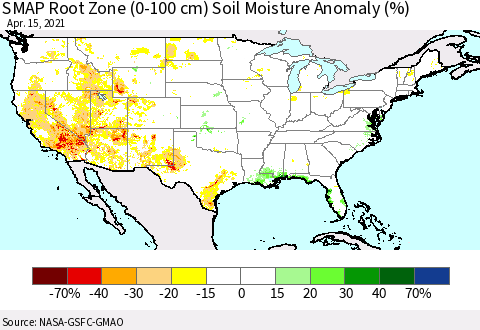 United States SMAP Root Zone (0-100 cm) Soil Moisture Anomaly (%) Thematic Map For 4/11/2021 - 4/15/2021