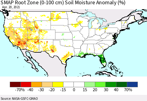 United States SMAP Root Zone (0-100 cm) Soil Moisture Anomaly (%) Thematic Map For 4/16/2021 - 4/20/2021