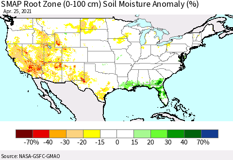 United States SMAP Root Zone (0-100 cm) Soil Moisture Anomaly (%) Thematic Map For 4/21/2021 - 4/25/2021
