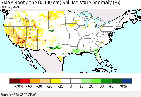 United States SMAP Root Zone (0-100 cm) Soil Moisture Anomaly (%) Thematic Map For 4/26/2021 - 4/30/2021