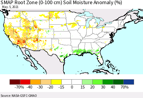 United States SMAP Root Zone (0-100 cm) Soil Moisture Anomaly (%) Thematic Map For 5/1/2021 - 5/5/2021