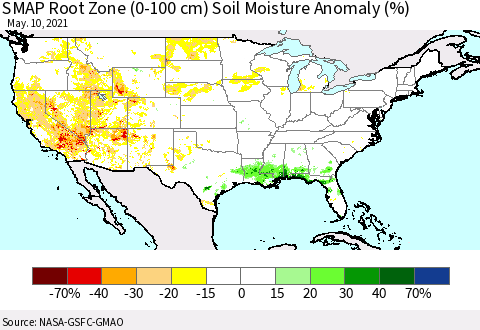 United States SMAP Root Zone (0-100 cm) Soil Moisture Anomaly (%) Thematic Map For 5/6/2021 - 5/10/2021