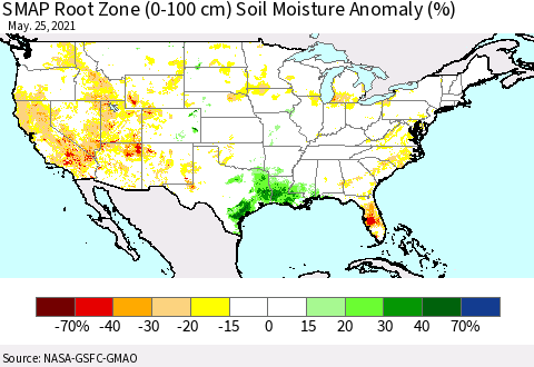 United States SMAP Root Zone (0-100 cm) Soil Moisture Anomaly (%) Thematic Map For 5/21/2021 - 5/25/2021