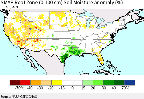 United States SMAP Root Zone (0-100 cm) Soil Moisture Anomaly (%) Thematic Map For 6/1/2021 - 6/5/2021