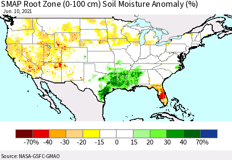 United States SMAP Root Zone (0-100 cm) Soil Moisture Anomaly (%) Thematic Map For 6/6/2021 - 6/10/2021