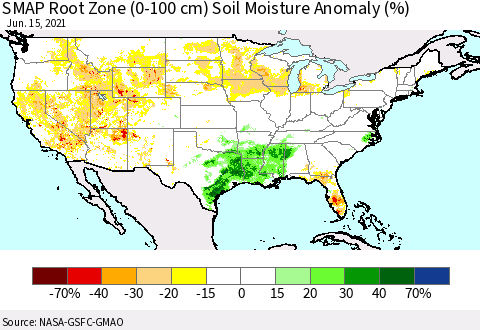 United States SMAP Root Zone (0-100 cm) Soil Moisture Anomaly (%) Thematic Map For 6/11/2021 - 6/15/2021