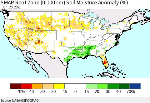 United States SMAP Root Zone (0-100 cm) Soil Moisture Anomaly (%) Thematic Map For 6/16/2021 - 6/20/2021