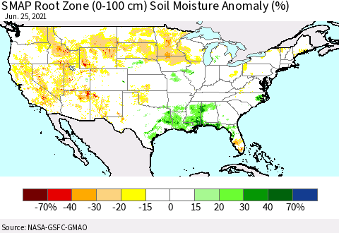 United States SMAP Root Zone (0-100 cm) Soil Moisture Anomaly (%) Thematic Map For 6/21/2021 - 6/25/2021