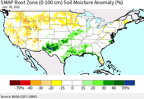 United States SMAP Root Zone (0-100 cm) Soil Moisture Anomaly (%) Thematic Map For 6/26/2021 - 6/30/2021