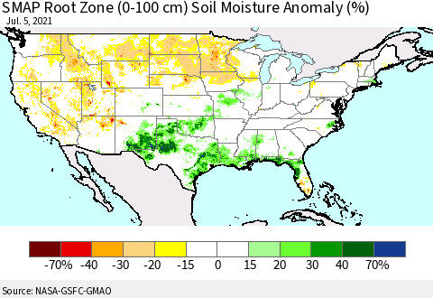 United States SMAP Root Zone (0-100 cm) Soil Moisture Anomaly (%) Thematic Map For 7/1/2021 - 7/5/2021