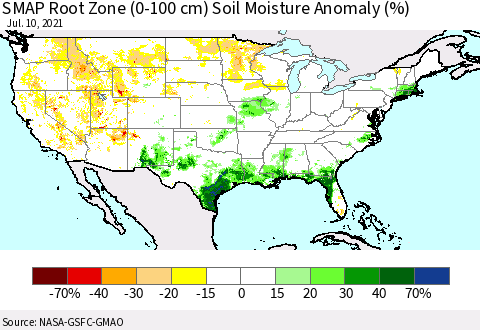United States SMAP Root Zone (0-100 cm) Soil Moisture Anomaly (%) Thematic Map For 7/6/2021 - 7/10/2021